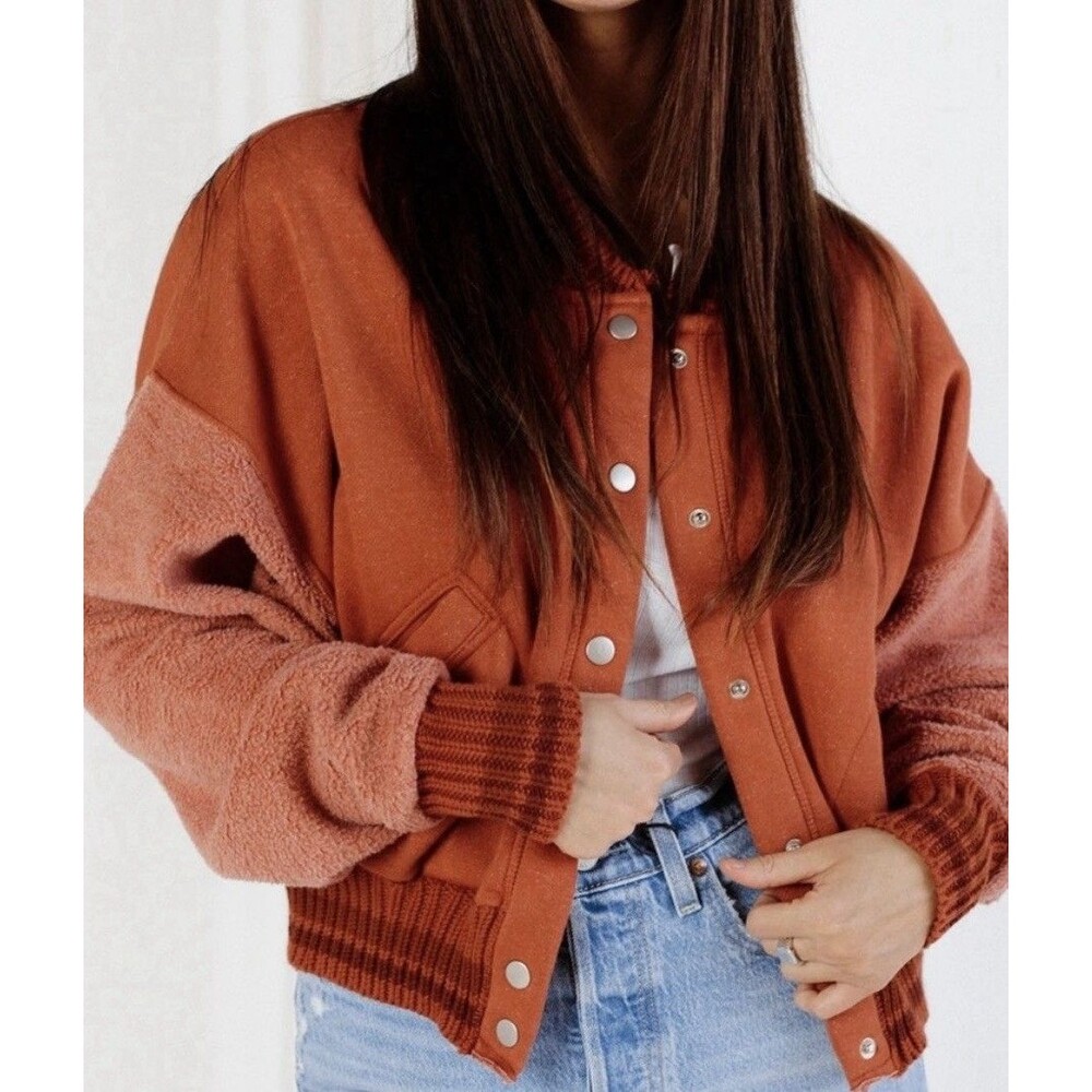 Free People Hollaback Bomber Jacket Snap Front Orange Spiced Brandy Sherpa Large - Picture 6 of 16